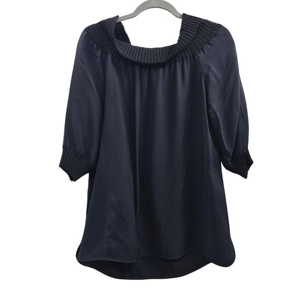 Lafayette 148 Blouse Womens Medium Navy Blue Pleated Top - Picture 1 of 7
